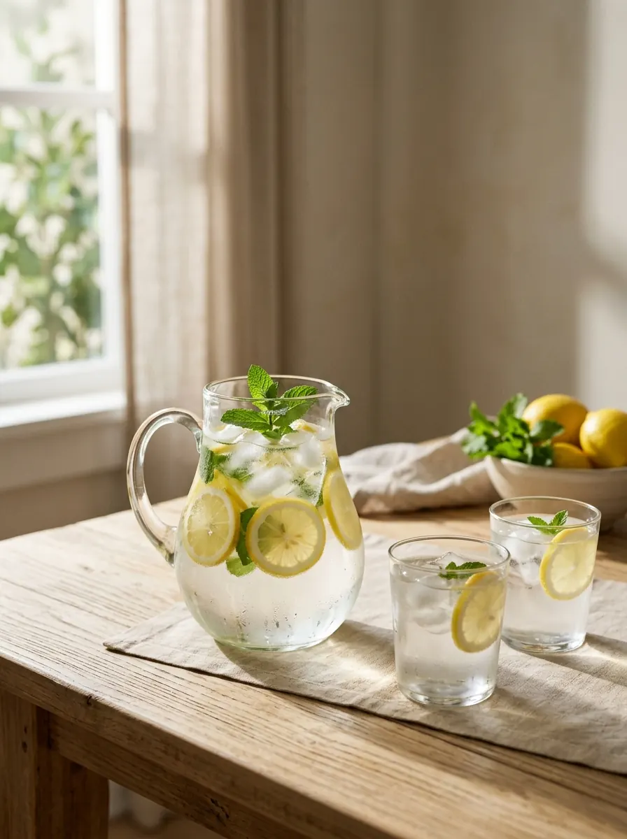 Jarra de agua de limón con hielo y dos vasos sobre una mesa de madera, con luz de tarde.