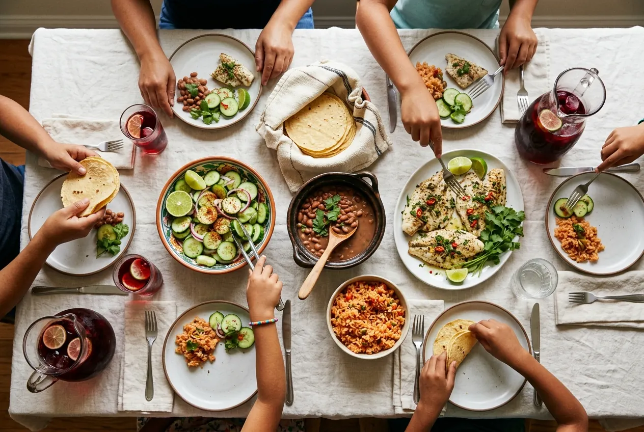 Familia sirviéndose comida casera: tortillas, frijoles, pescado, ensalada de pepino y agua de jamaica.